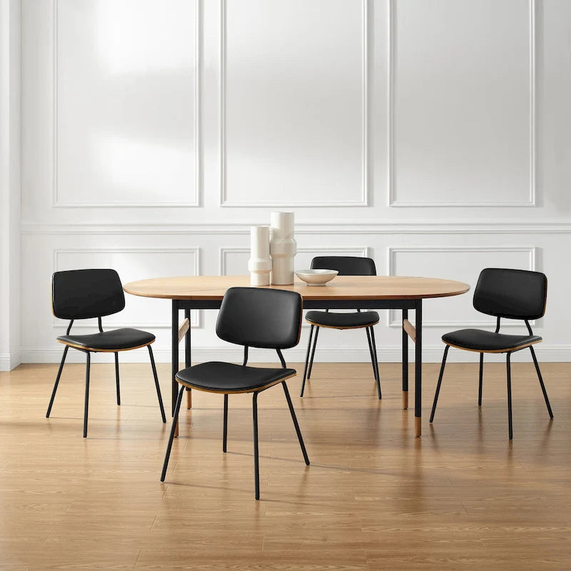 Juego de 2 sillas de comedor de cuero PU y madera curvada de mediados de siglo