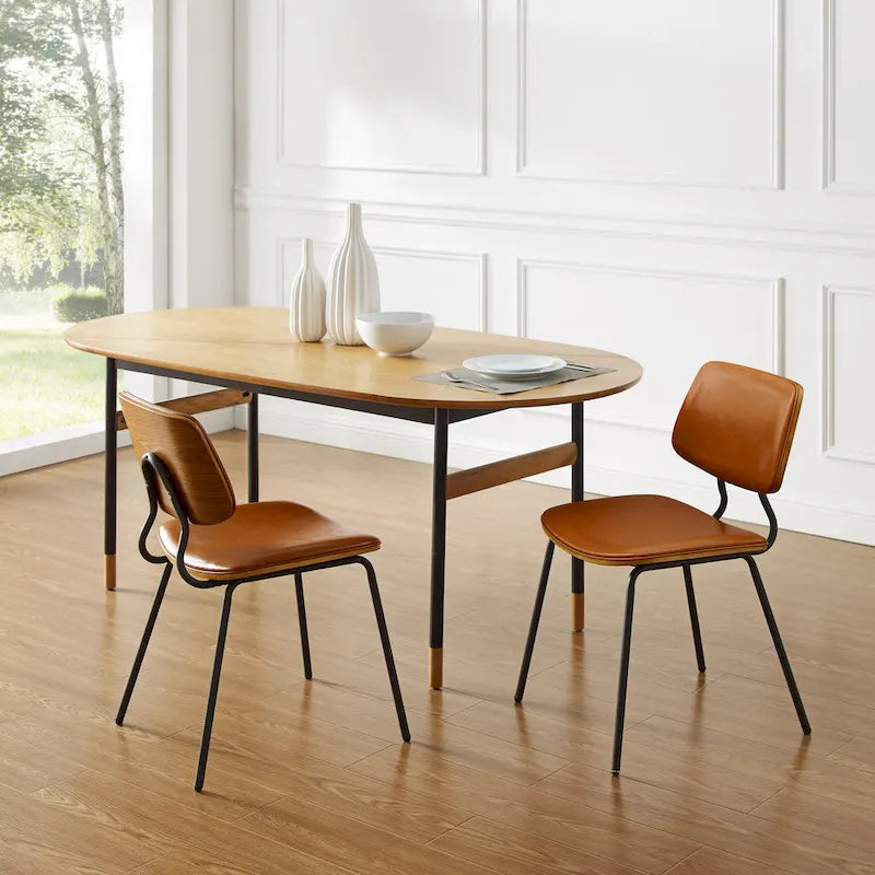 Juego de 2 sillas de comedor de cuero PU y madera curvada de mediados de siglo