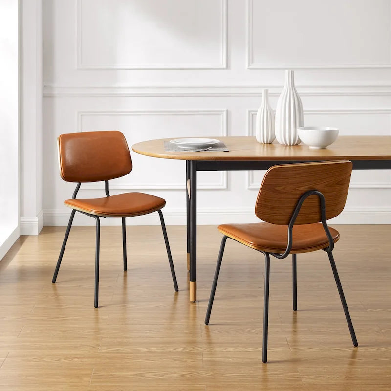Juego de 2 sillas de comedor de cuero PU y madera curvada de mediados de siglo