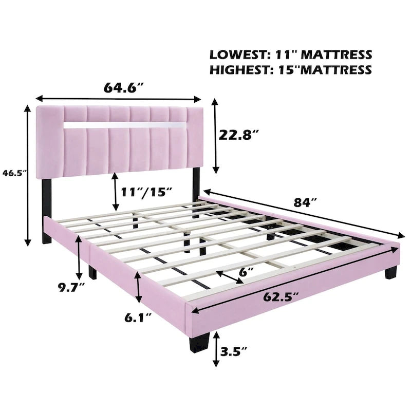 Pink Velvet Upholstered bed frame with adjustable Features