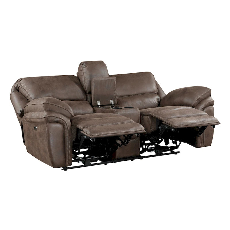 Elektrisch verstellbare 80-Zoll-Zweisitzer-Couch mit 2 Relaxsesseln, Konsole, Getränkehaltern, USB, braun