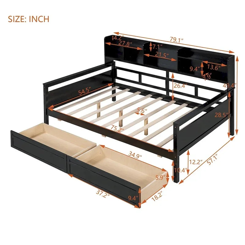 Full Size Wood Daybed with Bedside Shelf and Two Drawers
