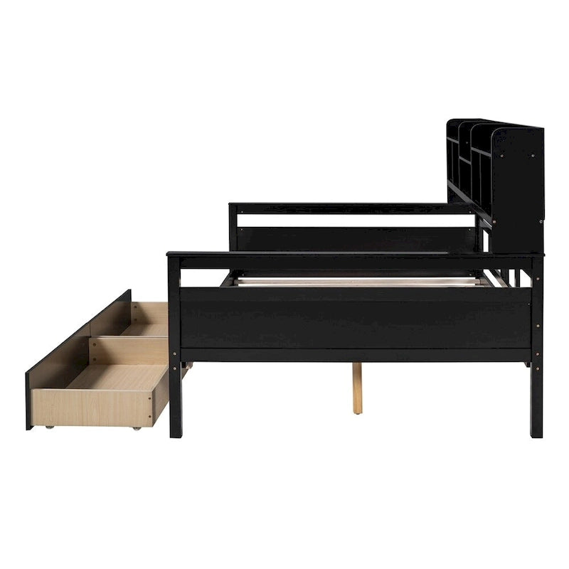 Holz-Tagesbett in voller Größe mit Ablage am Bett und zwei Schubladen