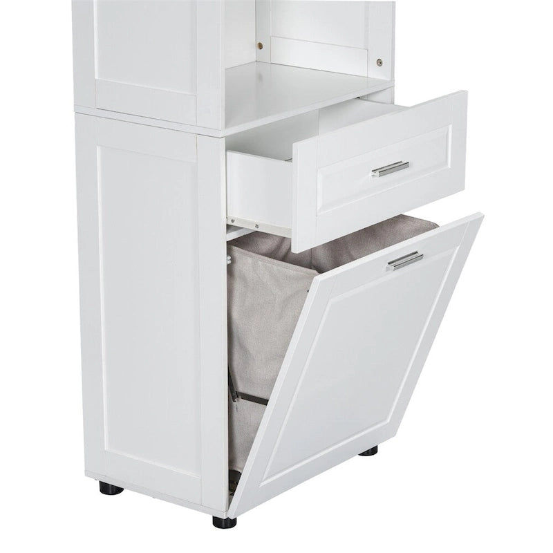 Armoire de salle de bains haute avec panier à linge et grand espace de rangement