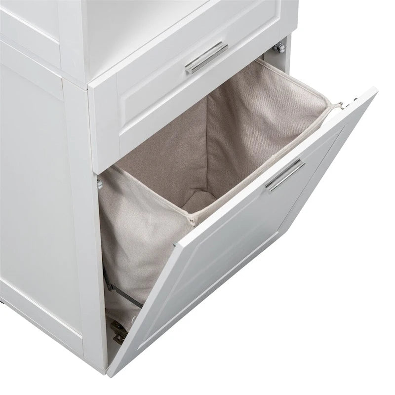 Armoire de salle de bains haute avec panier à linge et grand espace de rangement