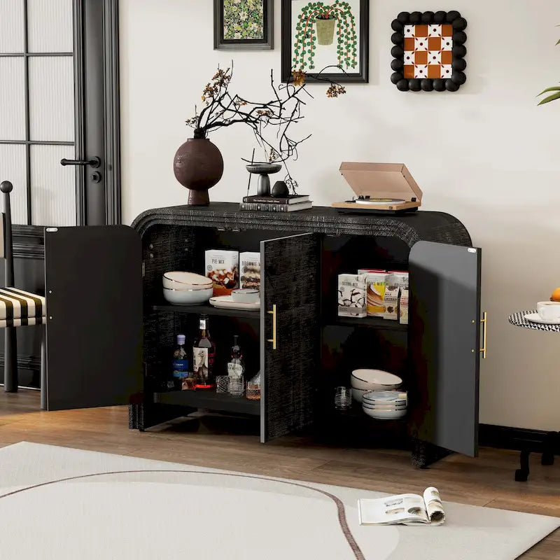 Retro-minimalistisches, geschwungenes Sideboard mit verstellbaren Trennwänden