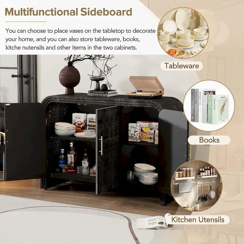 Retro-minimalistisches, geschwungenes Sideboard mit verstellbaren Trennwänden